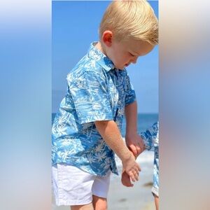 🌴✨ ME & HENRY Boys Hawaiian Tropical Button Down Shirt Blue Palm Print 5-6Y ✨🌴